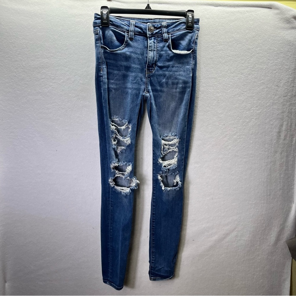 American Eagle Distressed Hi-Rise Jegging‎ Jeans Womens 4 Long Blue Denim 2616